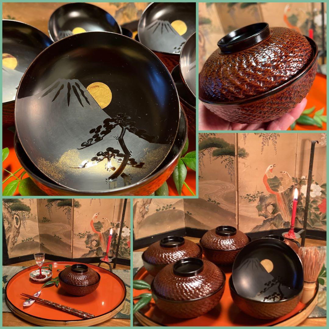 A1029 木製輪島塗　富士月　闇蒔絵　流水に亀蒔絵　吸い物庵5客