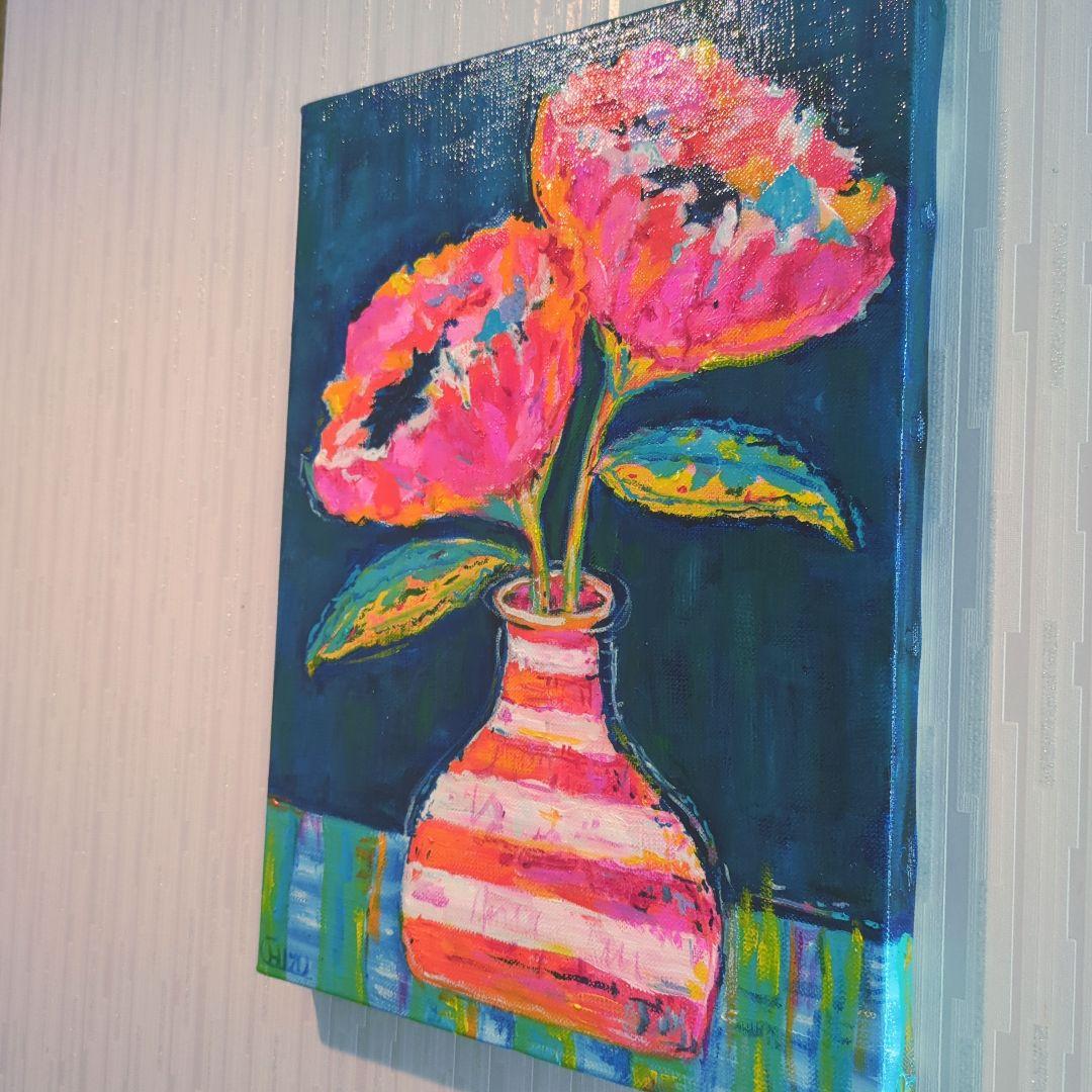 キャンバス油絵 　専用　花瓶に入れた二輪のお花