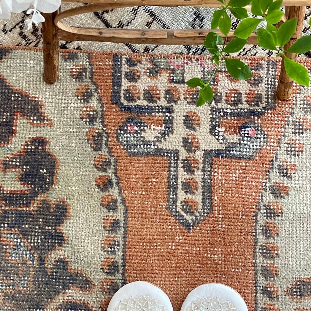 アヴァノス 42×82くすみオレンジ　ブラウニーブラウン　トルコヴィンテージラグ