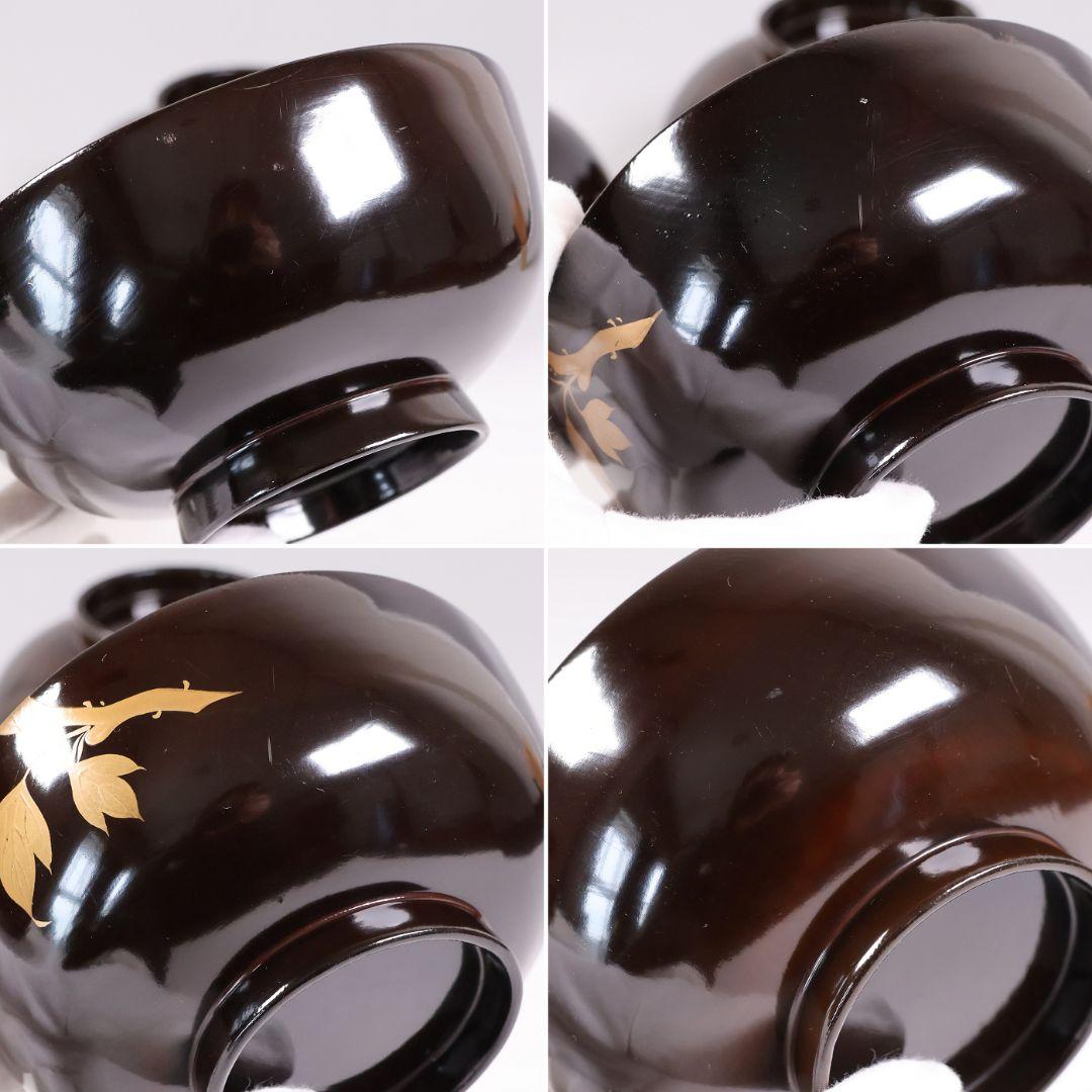 【CM415】訳あり 時代輪島 蝶と牡丹 黒塗椀 三客 天然木漆塗 明治大正