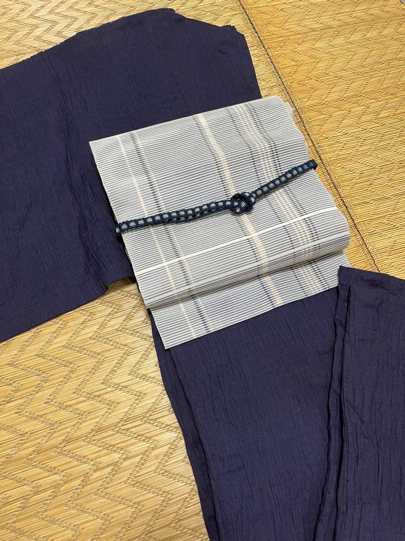 美品　小千谷ちぢみ　麻　鉄紺　身丈157身幅広め