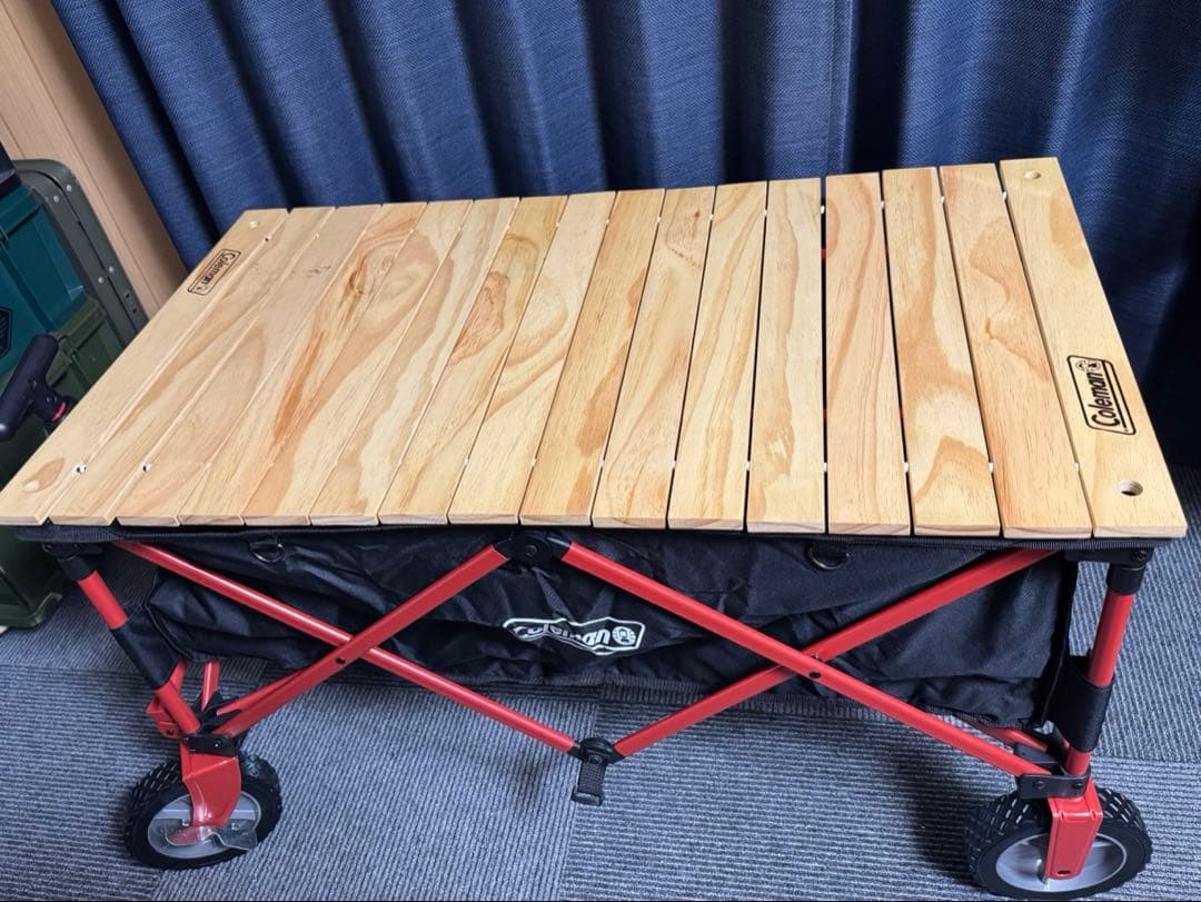 コールマン　アウトドアワゴン(レッドxブラック) ウッドロールテーブル　セット