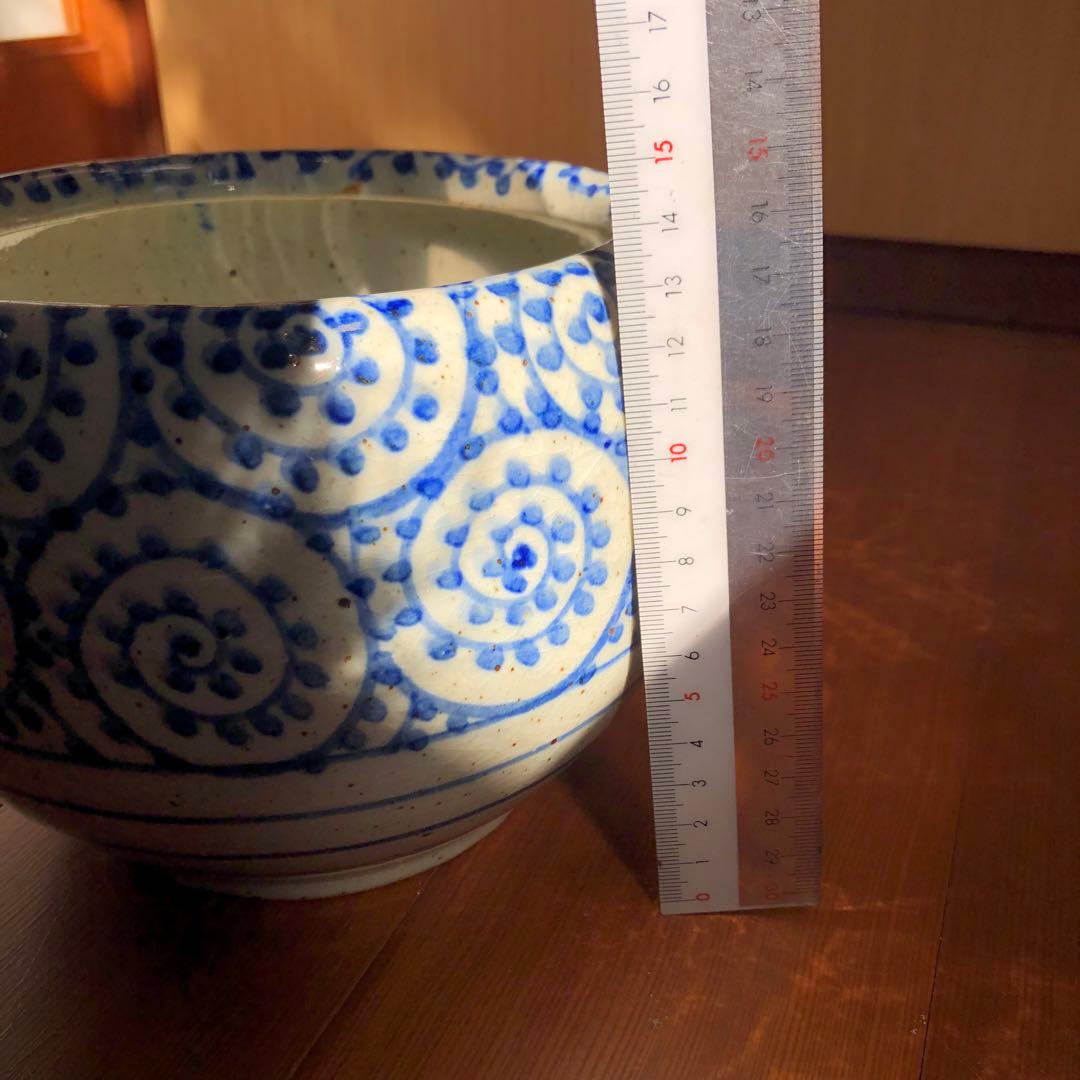 信楽焼 蛸唐草文様 火鉢鉢カバー青い渦巻き柄 日本伝統工芸品