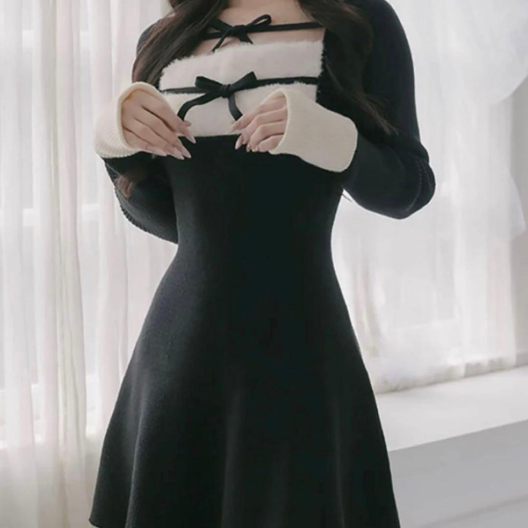 リボンファーフレアニットミニワンピース　FREE