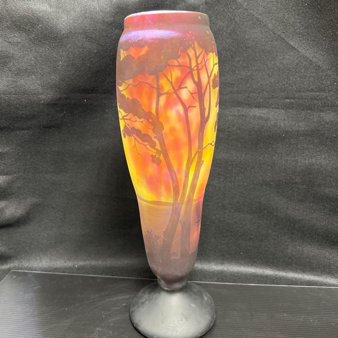 19世紀　ドーム・ナンシー　在銘　異色ガラス溶込酸化腐食彫花入　高さ約35.5㎝