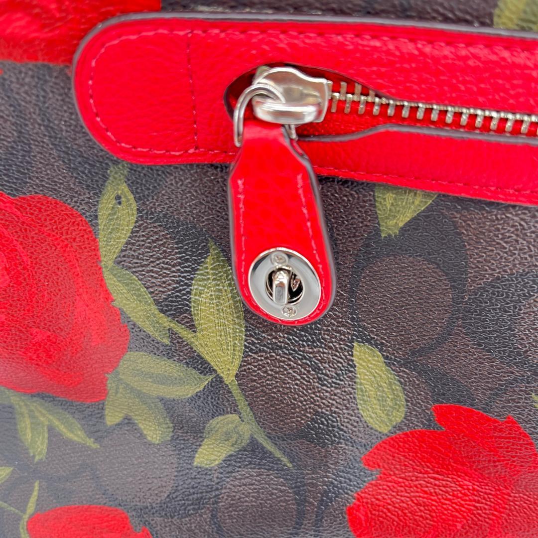 COACH コーチ トートバッグ シグネチャー ローズプリント 赤花 レッド系