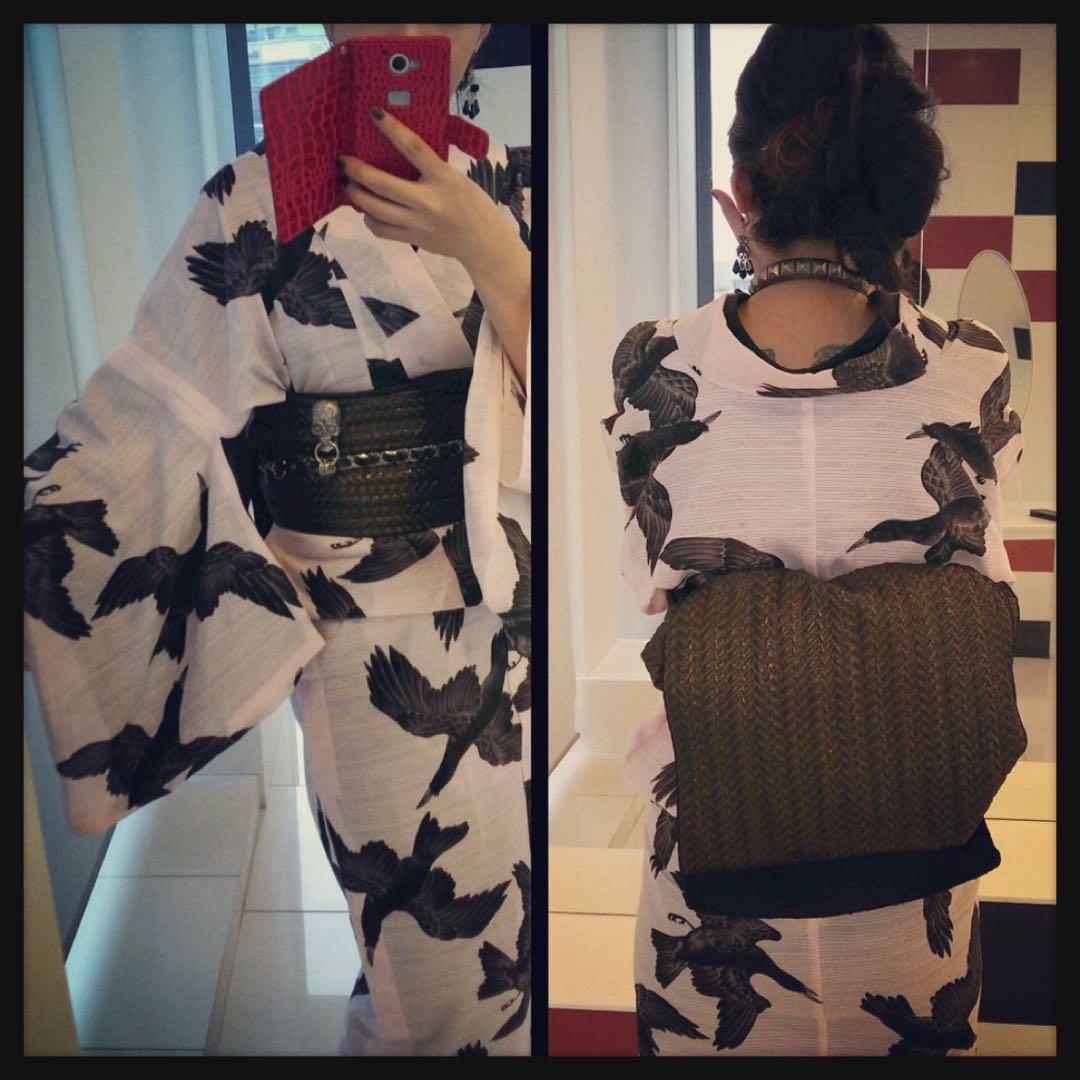 希少 老舗 京都 岡重 八咫烏 綿 絽 ピンク カラス 浴衣 和装 高級ゆかた