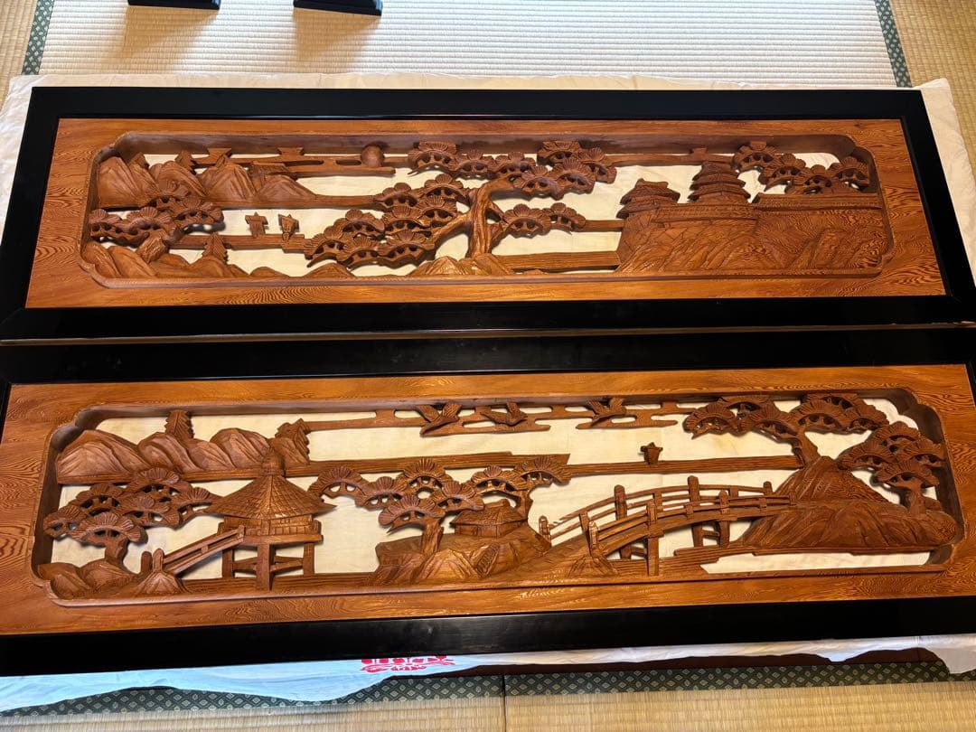 欄間　木製風景彫刻 2枚セット