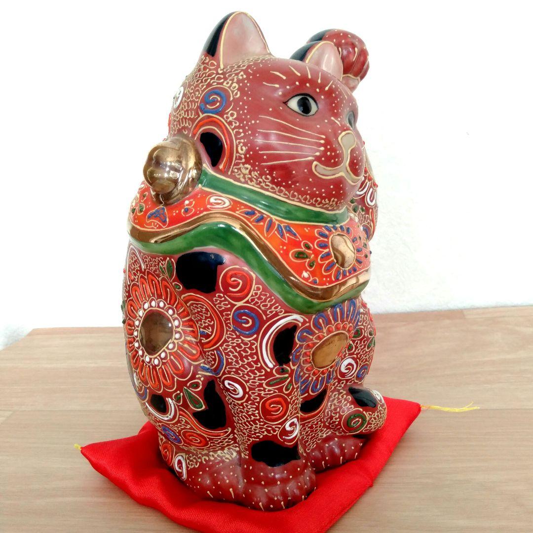 九谷焼　八橋窯　招き猫　7号 (20cm)　美品　縁起物　左手　千客万来