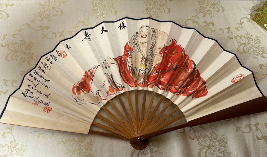 美術品 扇子 赤い衣装の人物 書道付き