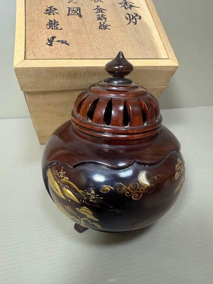 2164 雲龍作　本紫壇 金蒔絵 鳳凰　山水之図　香炉