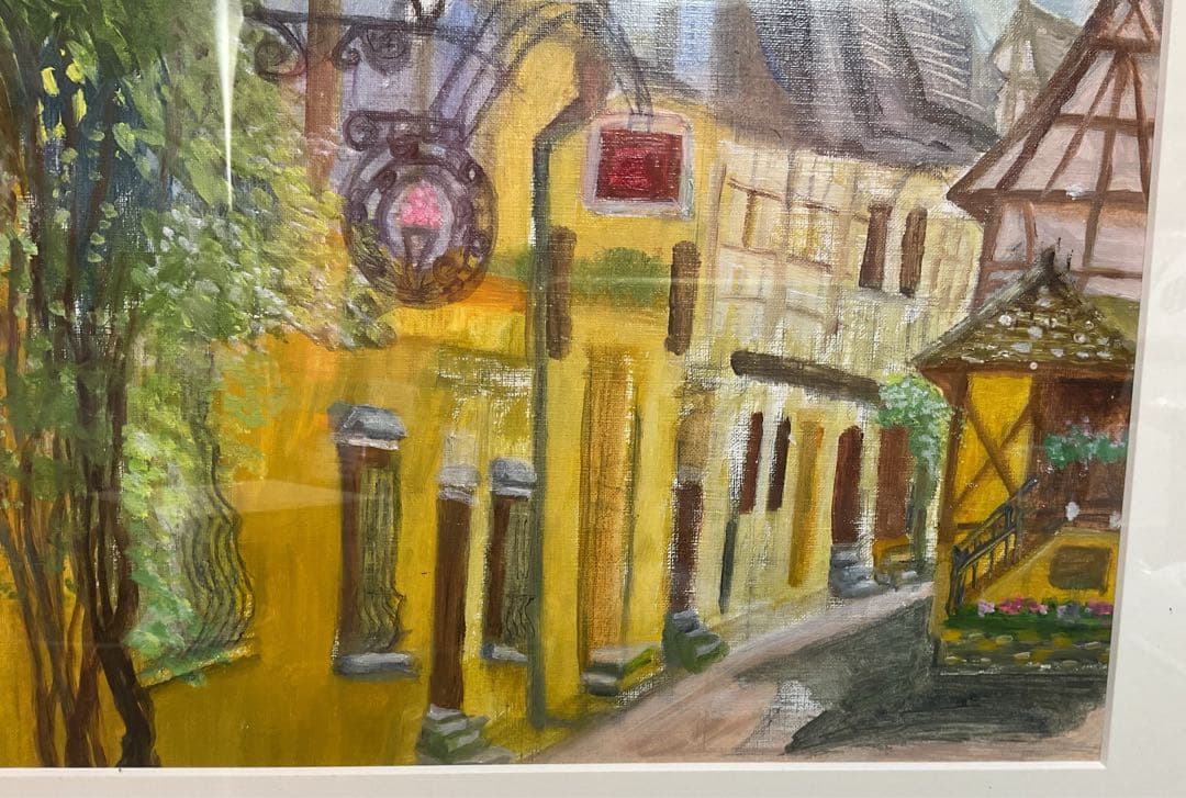 油彩画　「　フランスの街並み　」　額付