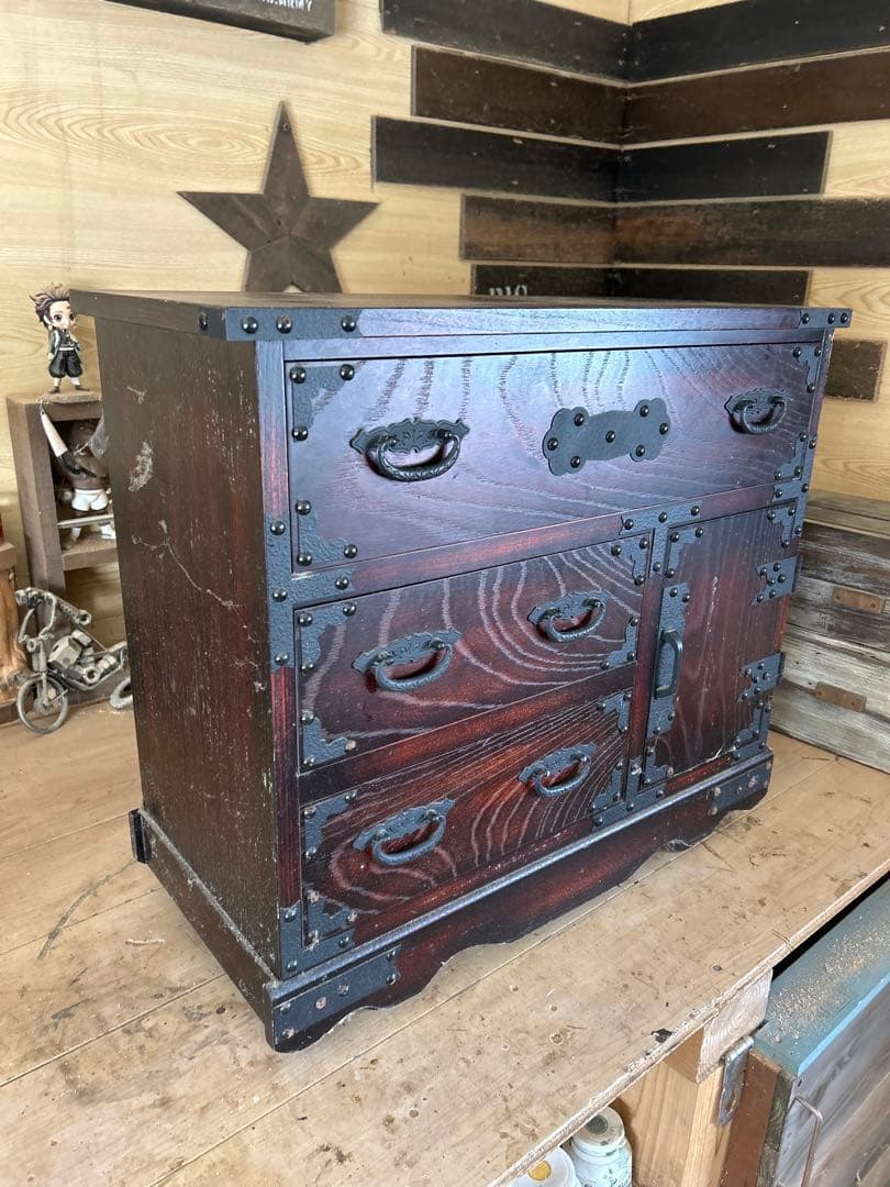 和箪笥 民芸調 時代箪笥風 引き出し収納 金具付き 和モダン 車箪笥