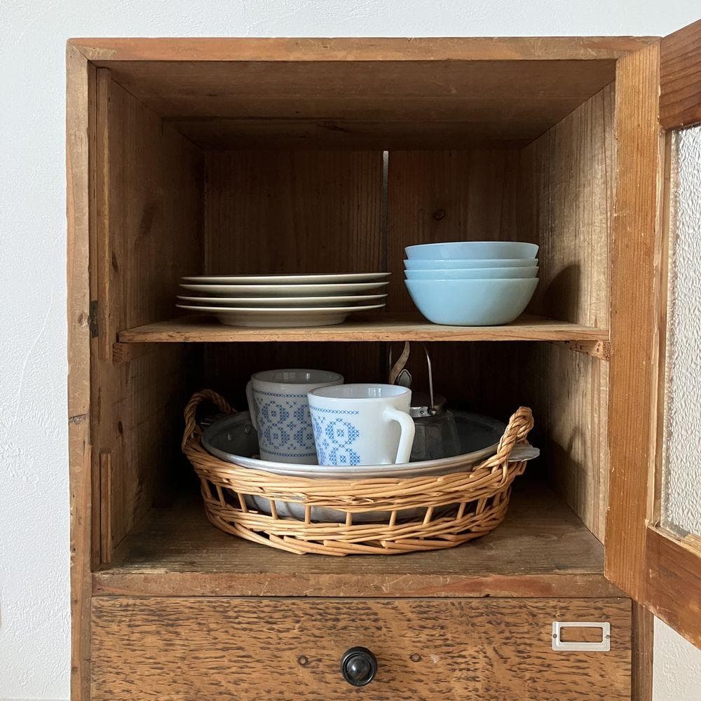 昭和レトロ 古い木製収納棚 ダイヤガラス キャビネット アンティーク 古道具