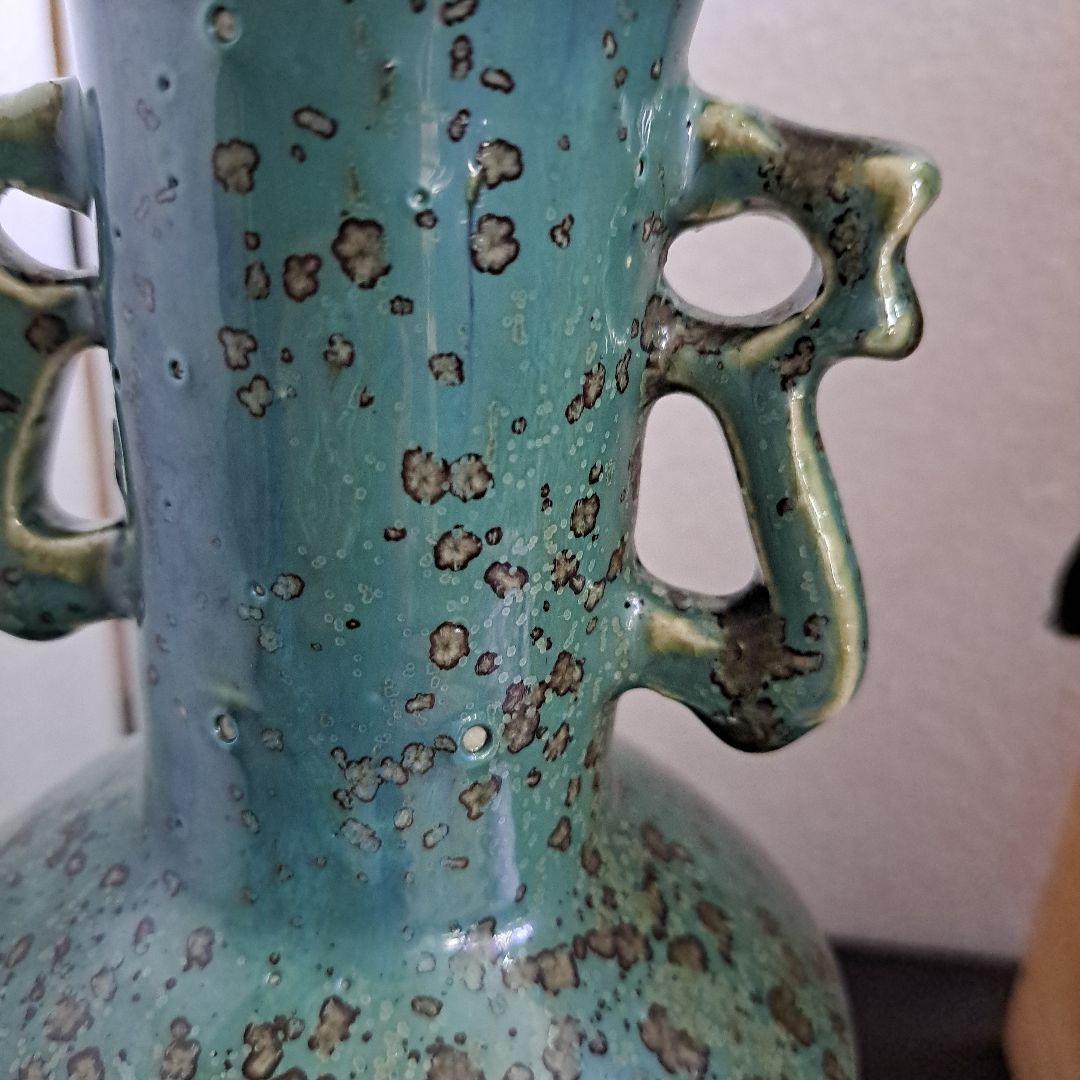 北大路魯山人　織部　双耳壺花瓶　箱裏書　古山子鑑定印　共箱入