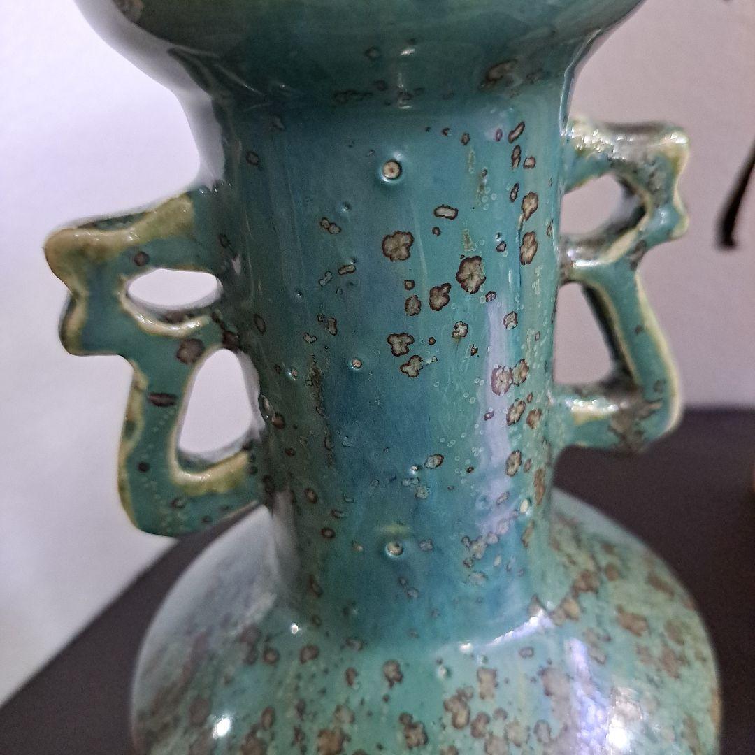 北大路魯山人　織部　双耳壺花瓶　箱裏書　古山子鑑定印　共箱入