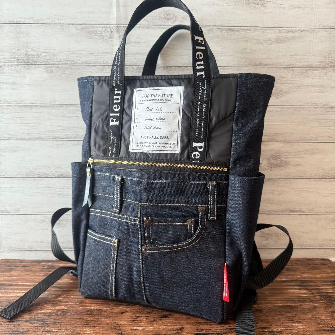 ☆デニムリメイク　ブラックひょうたんキルトとデニムのトートリュック☆