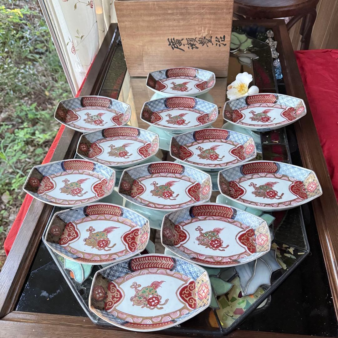 超限定15日20時迄‼️上手伊万里唐獅子牡丹富貴繁栄の舟形膾皿切支丹皿刺身皿 5客