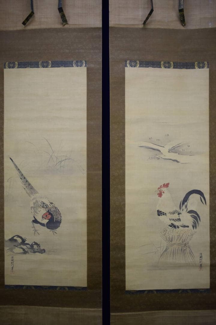模写/狩野周信/如川/鶏に雉図/布袋屋掛軸HF-789