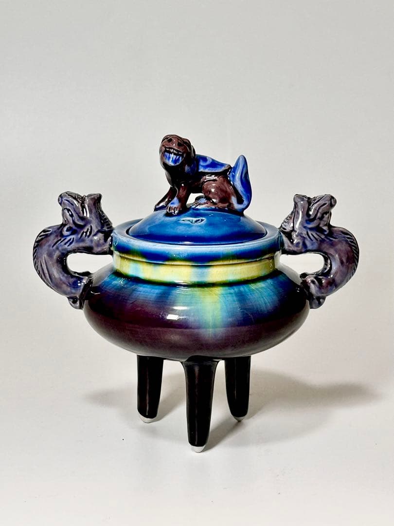 人間国宝 三代徳田八十吉 碧明釉三足香炉 九谷焼