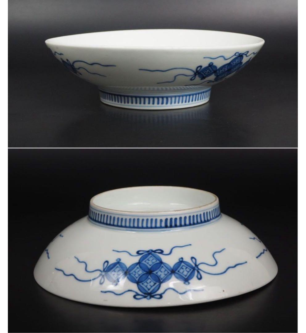 送料無料　江戸時代　鍋島焼　染付牡丹文皿　櫛高台 径20cm