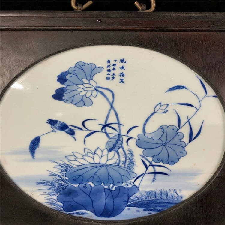 陶磁手描き青花風吹荷笑陶板絵古木枠象眼陶板古典的なインテリアストラップ