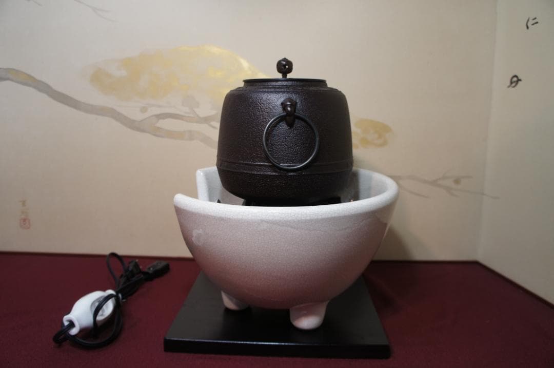 ☆ 野々田 さつま風炉(紅鉢型)電熱器 在銘 萬代屋小釜 釜鐶他フルセット送料込