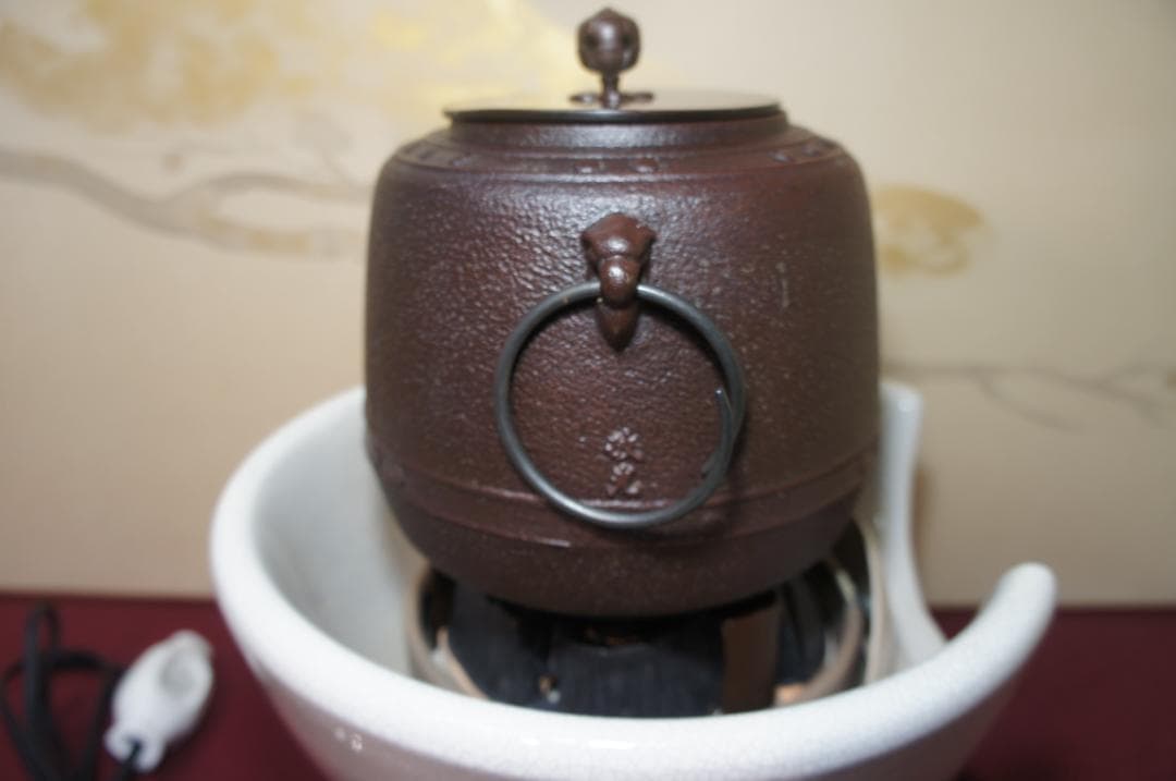 ☆ 野々田 さつま風炉(紅鉢型)電熱器 在銘 萬代屋小釜 釜鐶他フルセット送料込