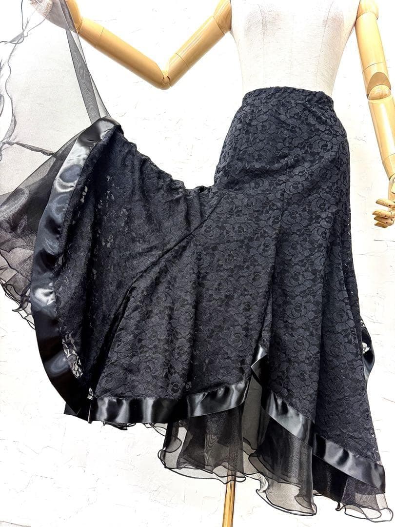 【薔薇レース】新品 社交ダンス用裾サテンテープ 黒ロングフレアスカートb502