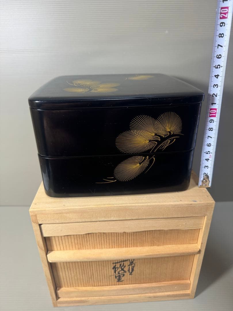 2177  古美術 輪島塗 寿光堂造　沈金蒔絵 二段重 重箱 共箱 時代物