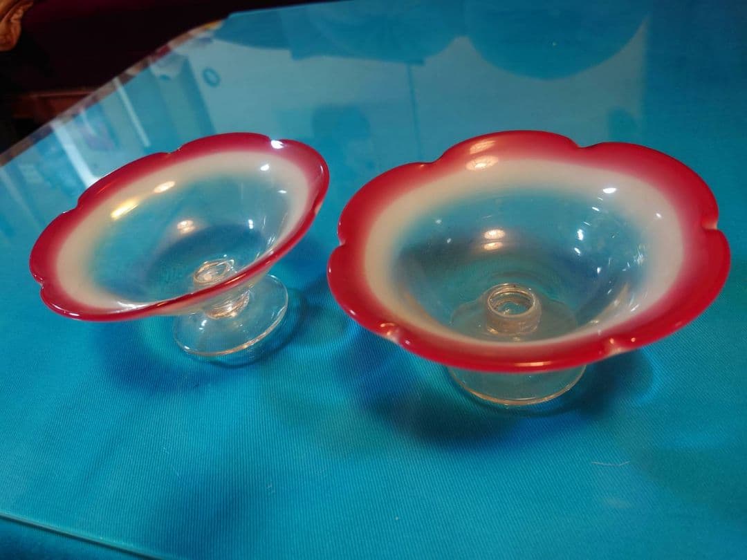 氷コップ 乳白色 吹きガラス 大正ロマン レトロ 赤 6個セット