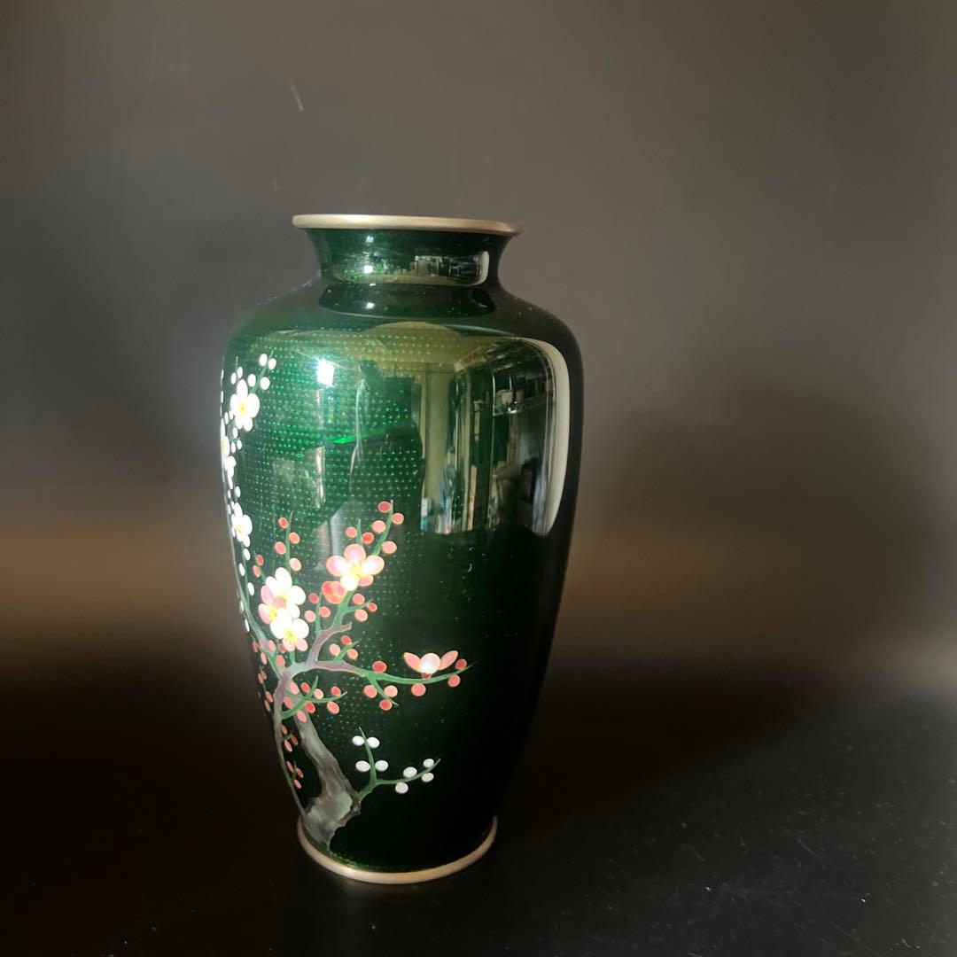 安藤七宝焼　梅菊竹　珍しい深緑系　花入れ　花瓶　華道　刻印有　極上工芸　金属工芸