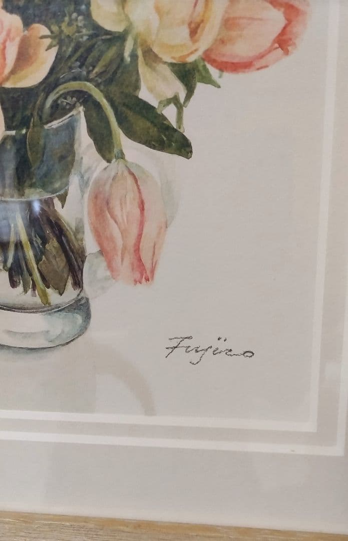 橋本不二子 水彩画家 ダイヤモンドスクリーニング版画「オレンジ色のブーケ」