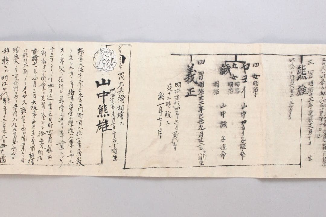 No4446 古文書　山中家　家系図　抱き柊紋　手書き　紙本　巻子装　送料無料