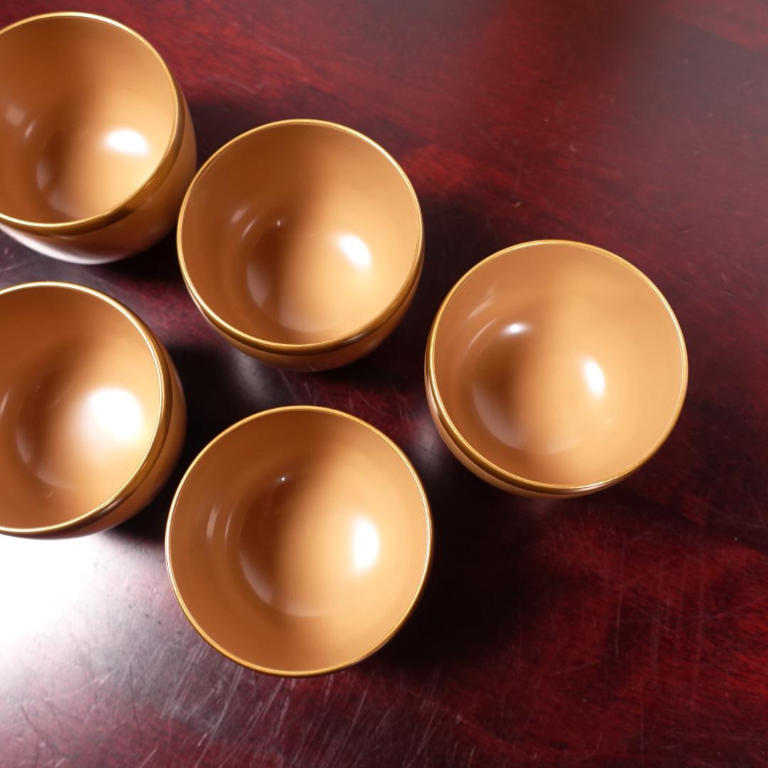 輪島塗 銘苑 千茶荘謹製 白漆 金縁 湯呑 ぐい吞 5客 共箱