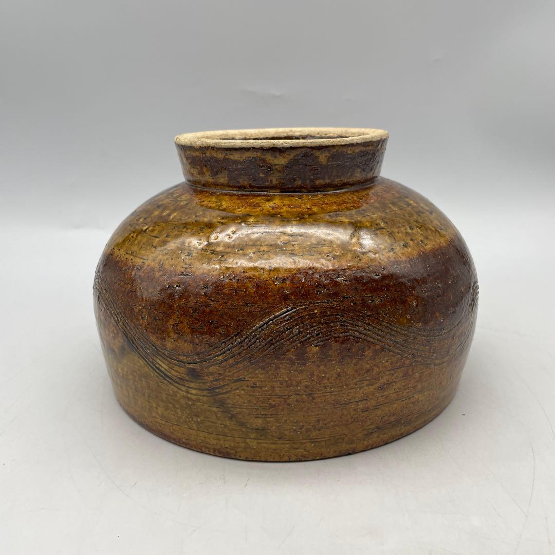 鳥取民藝　中井窯　牛ノ戸焼　波状模様の茶色陶器ボウル　足つき深鉢