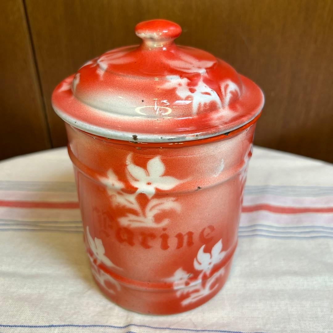 美品フランスアンティーク赤、白花柄ホーローキャニスターFARINE(小麦粉入れ）