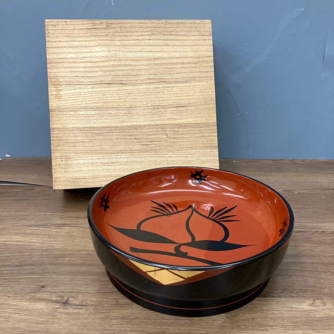 D-5 昭和レトロ 水澤本製 漆器 菓子鉢 平鉢 桃 縁起物 金彩 木製 供物台