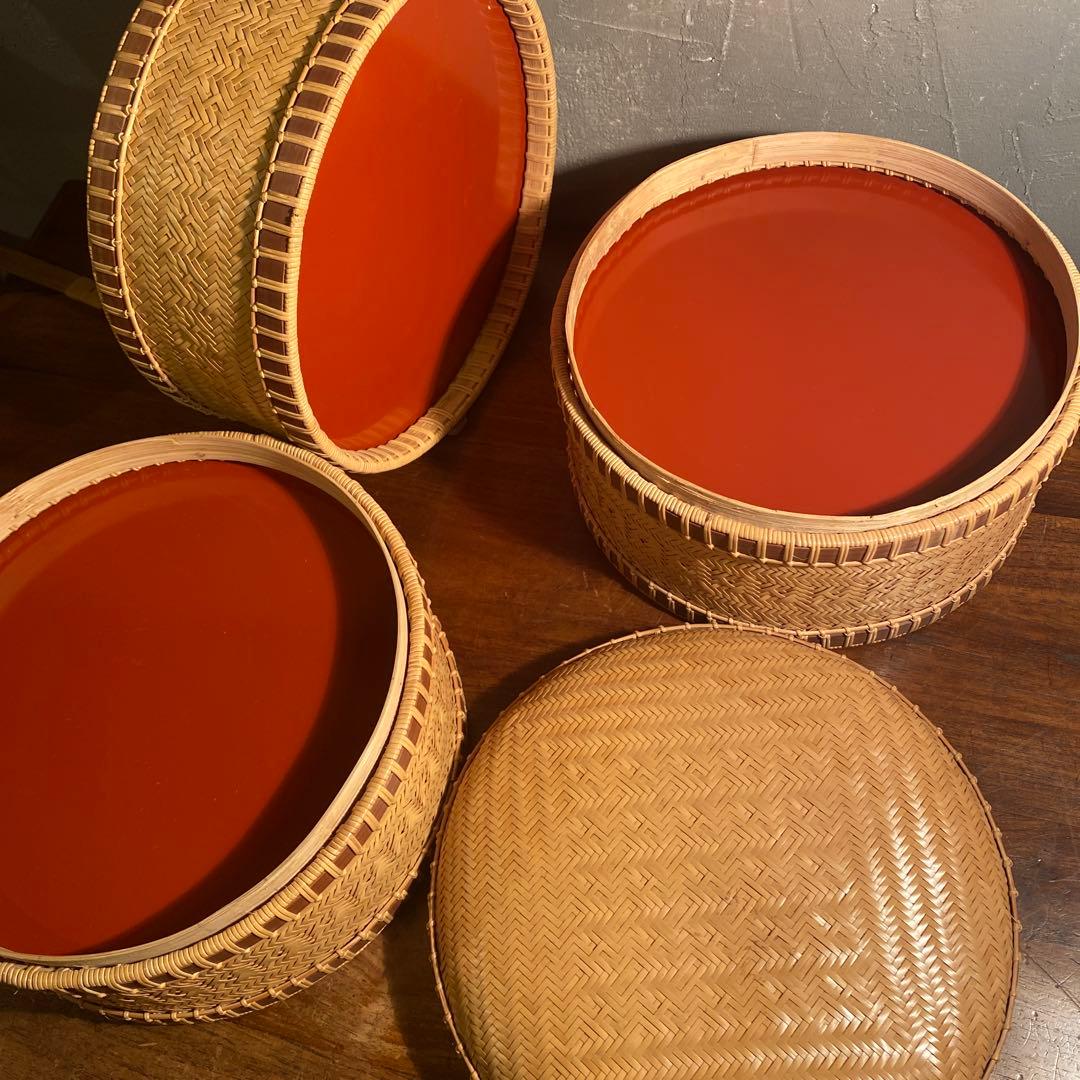 時代物 竹製 三段弁当箱 ランチボックス 手編み 美品 稀少 ピクニック