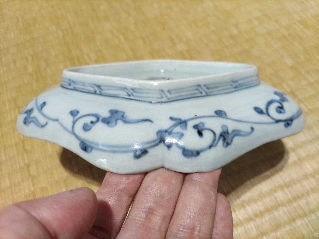 古伊万里　型紙摺　印判　入隅　菱形　皿（21×17cm）二重角福　藍柿