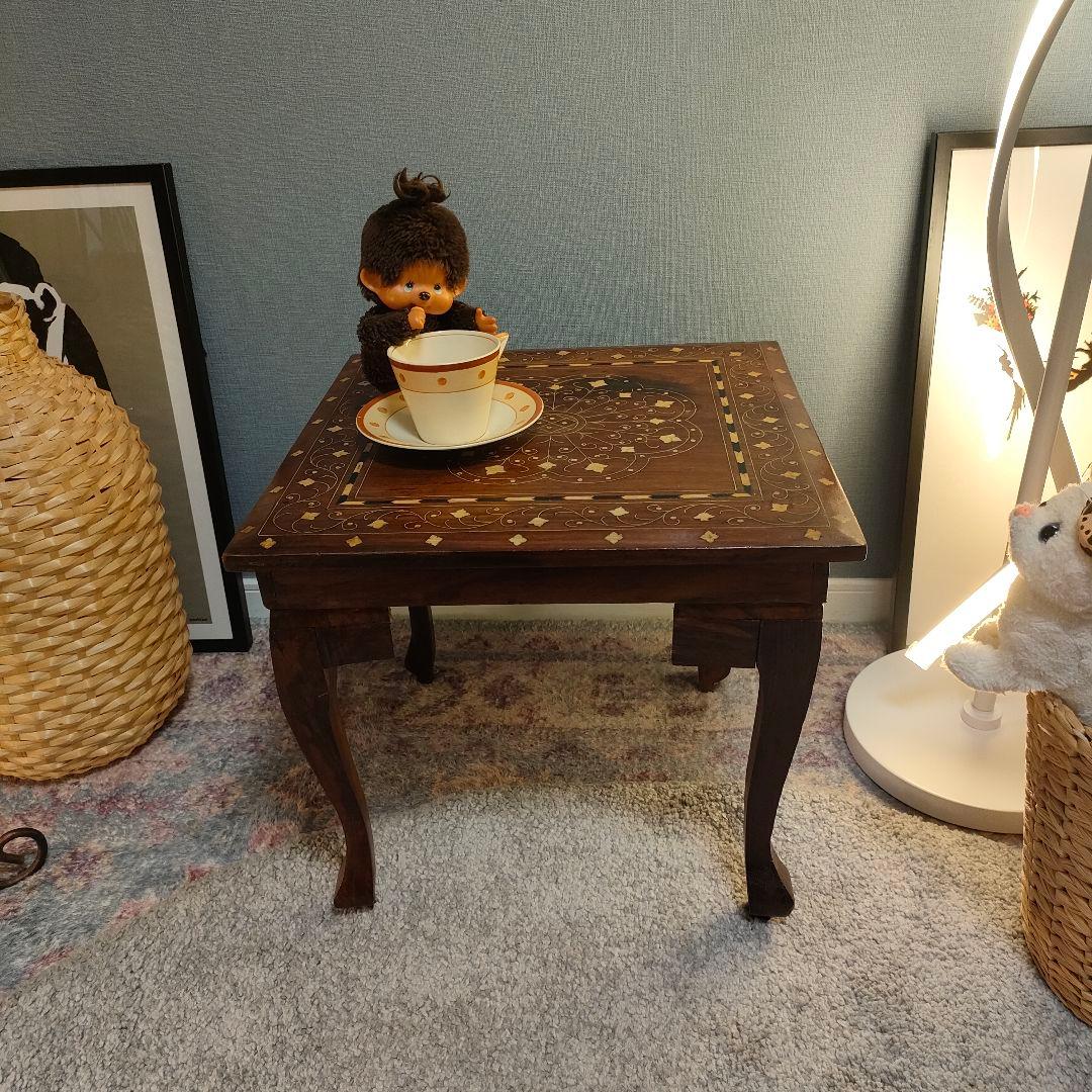 【B】アジアン家具 象嵌細工 サイドテーブル アンティーク調 飾り台