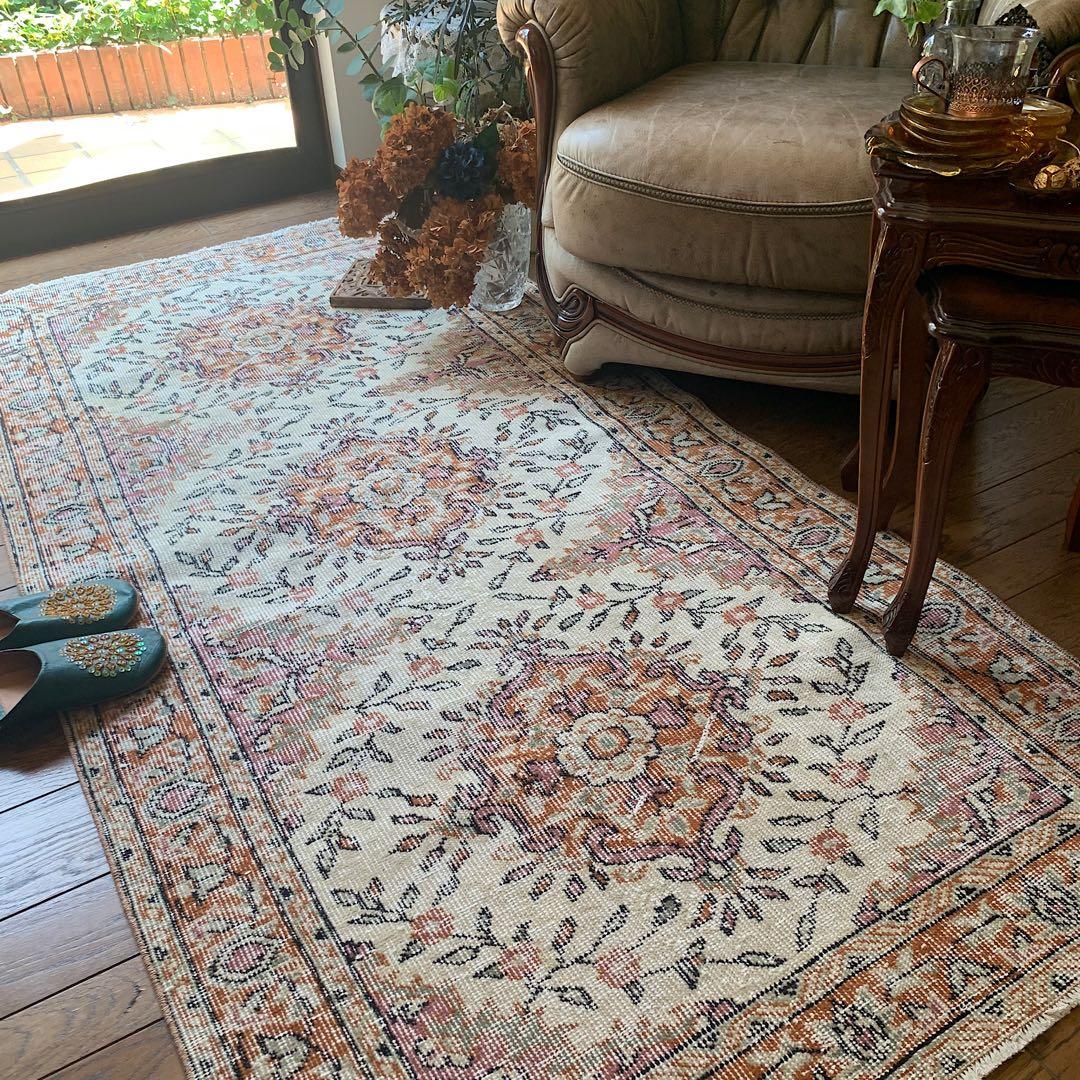 ペールオレンジ200×97 フラワーメダリオン　トルコヴィンテージラグ