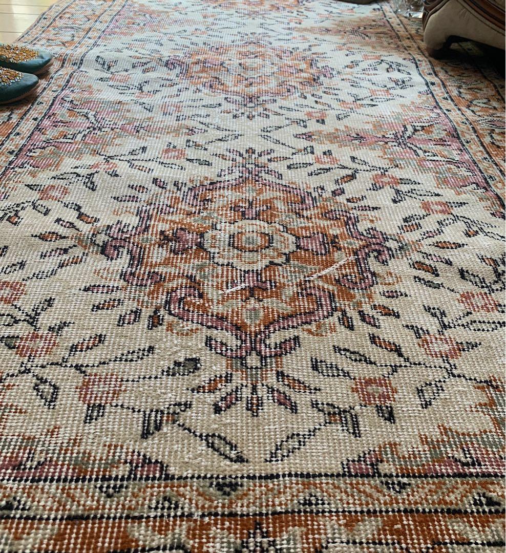 ペールオレンジ200×97 フラワーメダリオン　トルコヴィンテージラグ