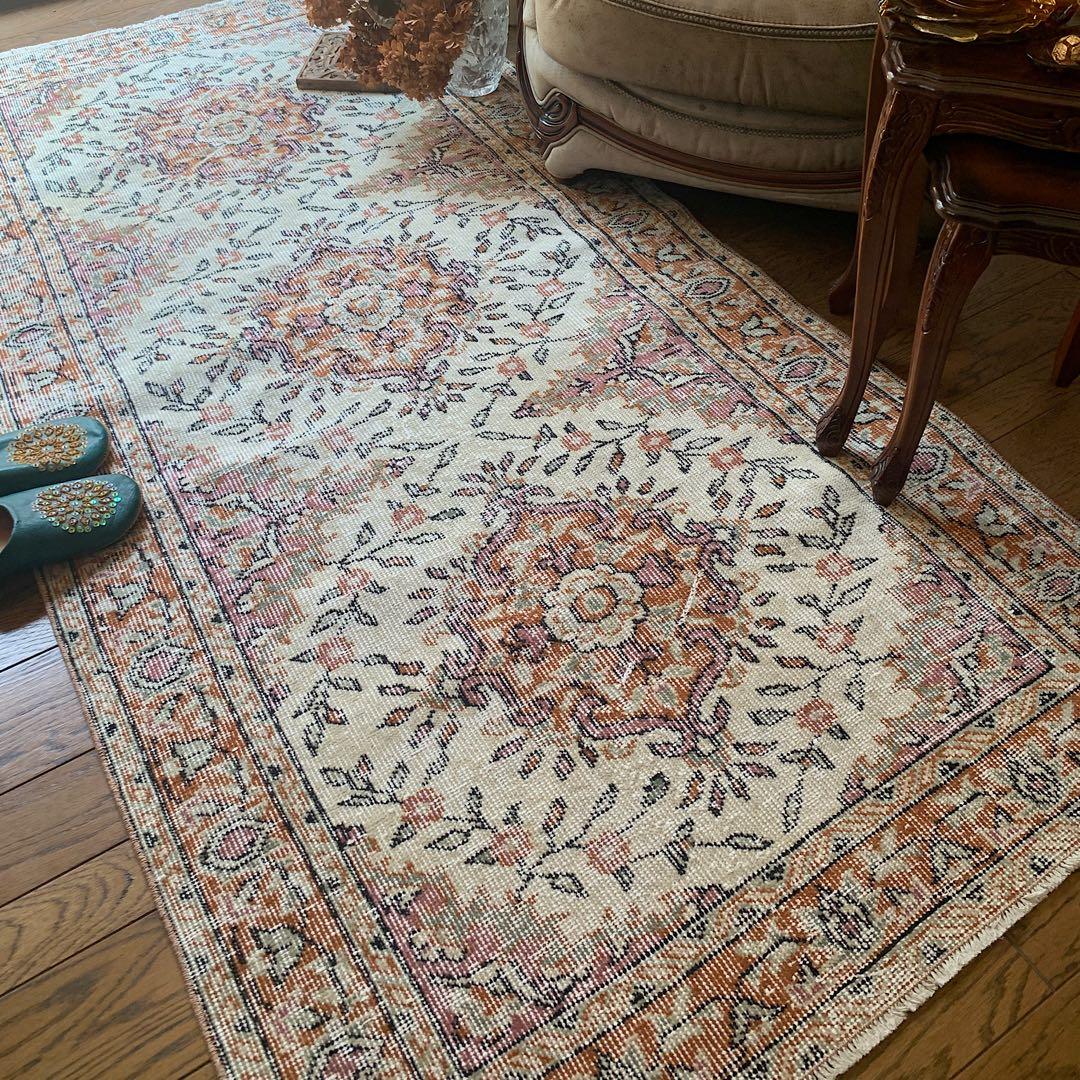 ペールオレンジ200×97 フラワーメダリオン　トルコヴィンテージラグ