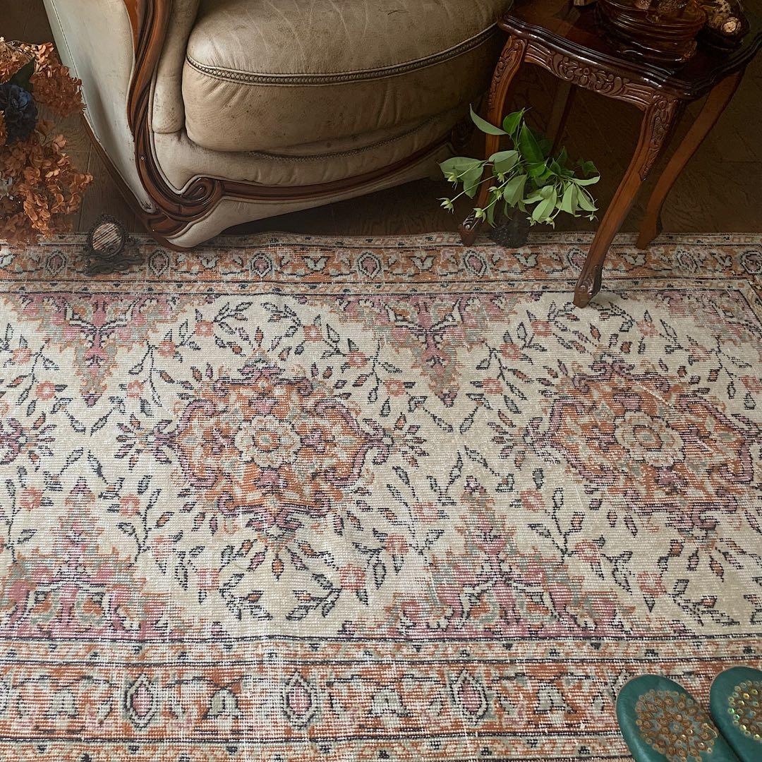 ペールオレンジ200×97 フラワーメダリオン　トルコヴィンテージラグ