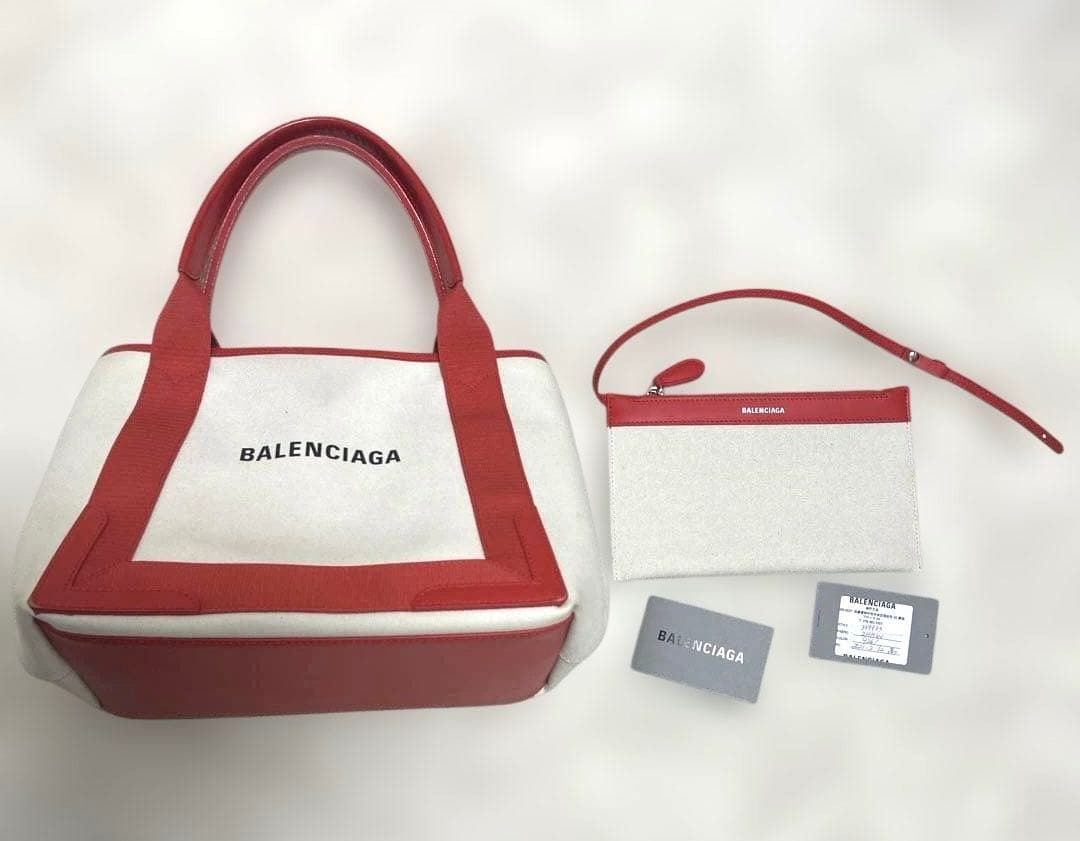 バレンシアガ　カバスS トートバッグ　ポーチ付き　キャンバス　ホワイト　レッド