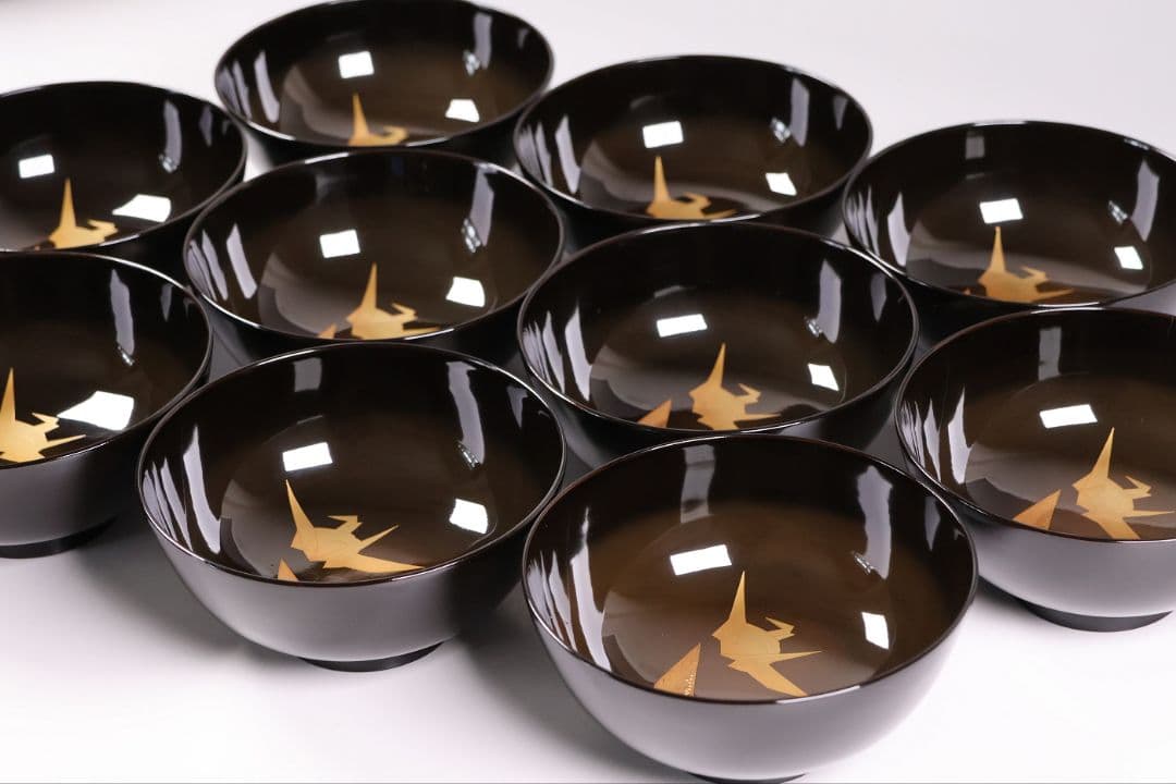 【MB179】金沢塗師 久世双〇 熨斗と折り鶴 金蒔絵 吸物椀 十客 天然木漆塗