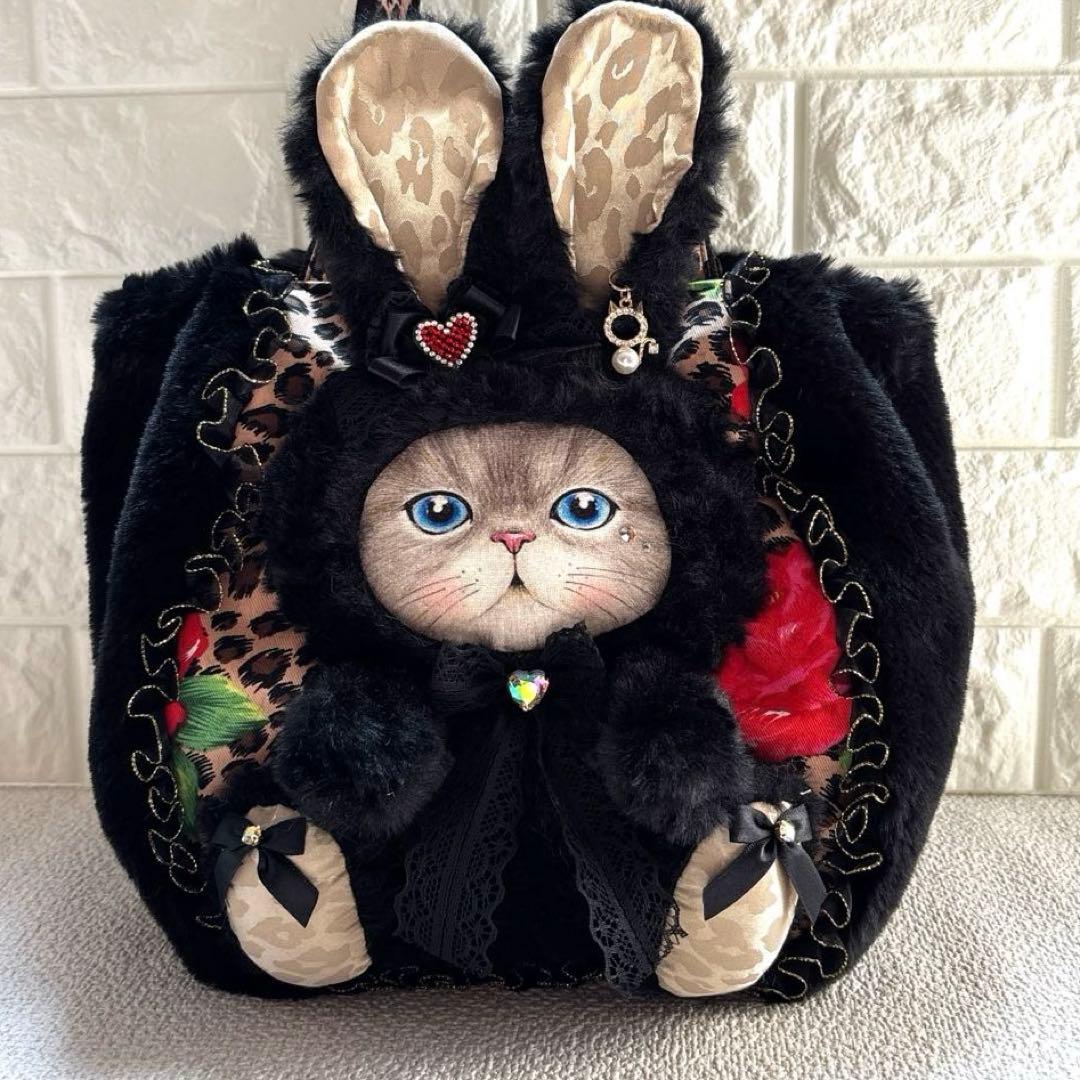 牡*❁様 コヤンイサムチョン　ハンドメイド　ファーバッグ　ヒョウ柄黒　ルミちゃん