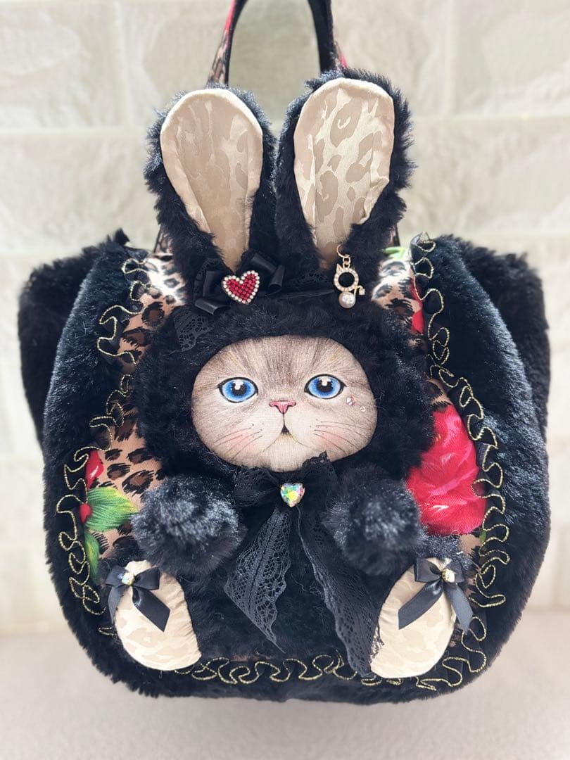 牡*❁様 コヤンイサムチョン　ハンドメイド　ファーバッグ　ヒョウ柄黒　ルミちゃん