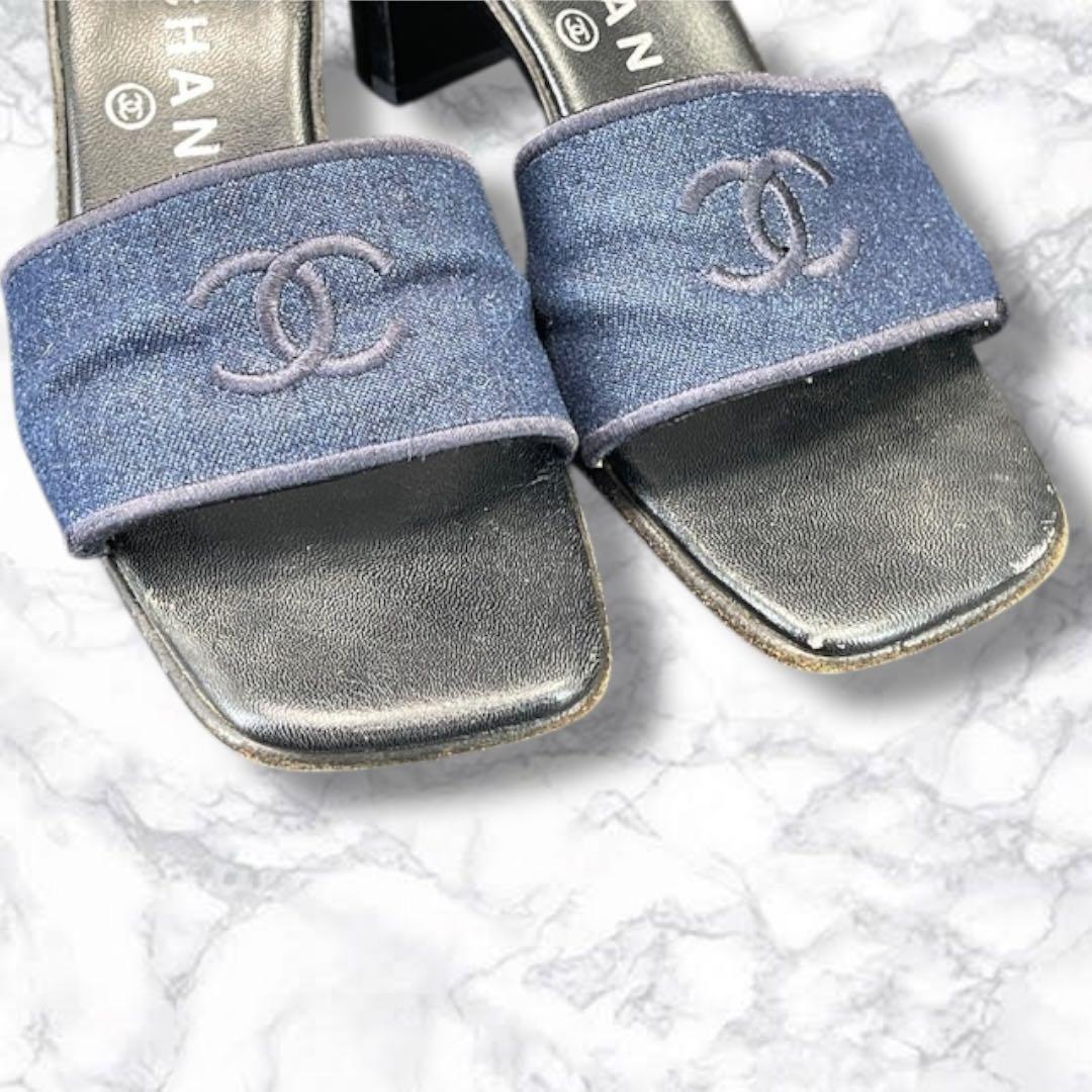 美品 シャネル ミュール サンダル デニム レザー ブルー 36 ココマーク